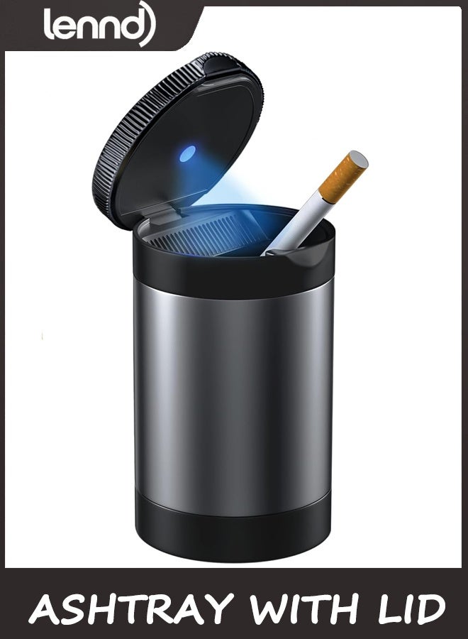 LENND Ashtray with Lid,Smokeless Ashtray for Cup Holder Smell Proof,Detachable Stainless Steel Car Ash Tray with LED Auto Light, for Most Car, Office, Home (Grey) - Image 1
